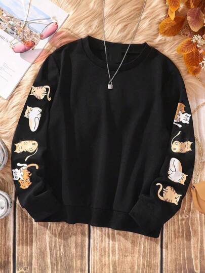 Moletom Gola Redonda Garota pré-adolescente Gráfico de Cartoon