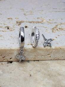 三件套耳环，精致小巧，多孔设计，可爱立方氧化锆花朵造型，14K金材质，轻盈低敏，适合耳骨穿孔，女士饰品 - 銀色 - 查看 3