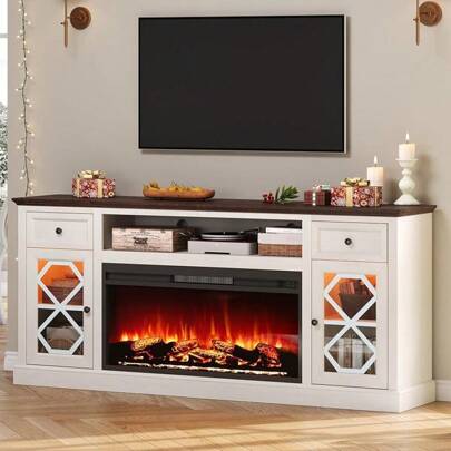 Merluxy Fireplace TV Stand With 37 Inch Electric Fireplace And LED Lighting, 70 Inch Farmhouse Entertainment Console With Diamond Doors And Ample Storage, Fits TVs Up To 80 Inch For Living Room