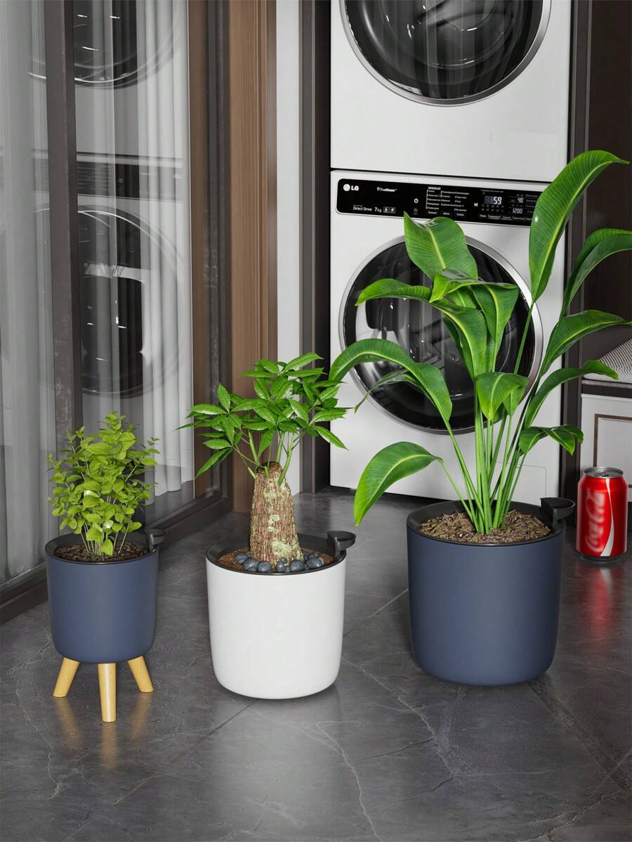 现代极具吸引力的花盆 可拆卸木腿支架植物花盆 苗圃花盆 适用于卧室客厅落地式盆栽植物花盆 家庭花盆 自吸式花盆 塑料圆形花盆