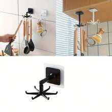 1 pieza Soporte giratorio de 360° para ollas y sartenes de fácil instalación - Sin necesidad de taladrar, montado en la pared, estante de almacenamiento en techo circular expandible de plástico negro para utensilios de cocina, cucharas, espumaderas y talla grande.