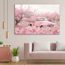 1 Pieza Encantador Póster de Lona de Camión Vintage Rosa y Jardín de Cerezas - Arte de Pared Pastel Suave con Marco de Madera Envuelto, Ideal para Decoración de Sala de Estar - Multicolor - Ver 5