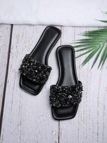 Pearl & Rhinestone Embellished Women's Open Toe Slip On Sandals, French & Korean Style, Plus Size 41-42-43, Lightweight Luxury, Suitable For Summer Beach Holiday