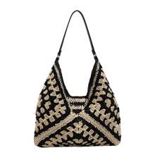 新款别致甜美编织纹理草编包，时尚 Ins 风格女士单肩包，纸绳包，波西米亚风，沙滩包，女士草编沙滩包，夏季编织沙滩手提包，单肩手提包 - 彩色 - 查看 16