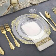 175 Pcs Transparent Gold Court Style Plastic Tableware Set, Suitable For 25 Guests, Including 25 Dinner Plates, 25 Dim Sum Plates, 75 Knives, Forks, Spoons, 25 Cups, 25 Napkins, . Very Suitable For Weddings And Parties - Transparent Gold - View 11