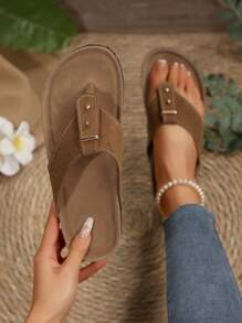 女士平底凉鞋，新款时尚舒适休闲一脚蹬人字凉鞋，加大码，轻便，沙滩，露趾