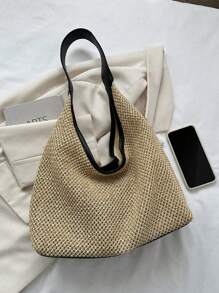 Summer Straw Shoulder Tote Bag With Small Pouch Included - Black - View 6