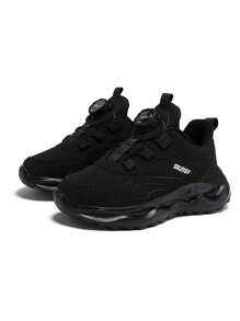 Casual Warm Velvet Inner Running Shoes With Rotary Button For Boys, Lightweight Non-Slip Sneakers Black Shoes To School - Black - View 9