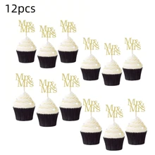 12 piezas Mr & Mrs Decoraciones para cupcakes con purpurina dorada, adecuados para bodas, baby showers, cumpleaños, Día de la Madre, aniversarios, San Valentín, Navidad y talla grande.