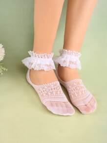 3 Pairs Women's Thin Lace Trim Breathable Elastic Ankle Leg Warmers, Low Vamp Boat Leg Warmers, Kawaii Cute