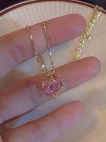 1pc Ultra Sparkling Fuchsia Pink Crystal Glass Heart Necklace, Fashionable Luxury Versatile Heart Necklace For Women - Pink - View 2