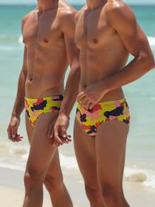 Fashion Sexy Men's Swimtrunks, Tropical Print Quick-Drying Men's Beach & Pool Swimwear, Men's Swimwears Tropical Print Bulge Enhancing Briefs,Hawaiian