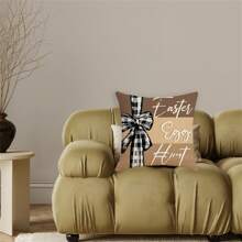 Funda de almohada decorativa de Pascua con diseño de conejo, huevo, lazo y letras para sofá o dormitorio - amarillo claro - Ver 5