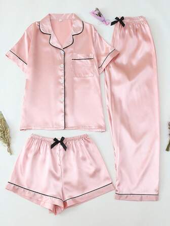 3 Piece Set Satin Blush Button Front Short Sleeve Top & Short/Long Pants Pajama Loungewear Set For Women, Spring/Summer Home Use