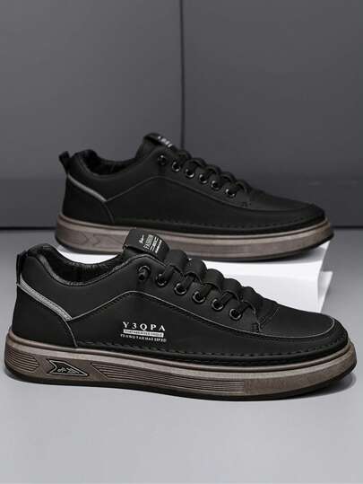 男士休闲帆布平底鞋，纯色字母图案，时尚百搭，软底轻便舒适一脚蹬圆头系带运动鞋，适合户外运动和日常通勤，简约风格