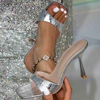 女士时尚性感银色高跟穆勒凉鞋，适合派对、时装秀、夜总会、夏季度假