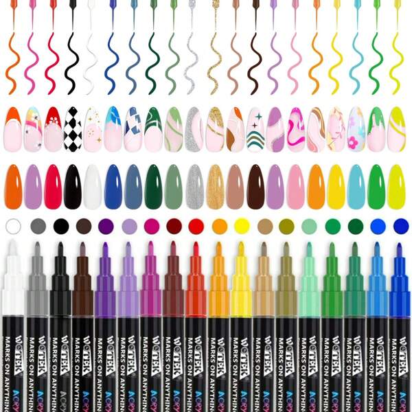 18 Pcs 3D Nail Art Pens Set - Waterproof & Quick Drying Graffiti Markers, Portable Nail Flower Drawing Pens, Assorted Colors For DIY Nail Art Design, Manicure Tools For Girls And Ladies.