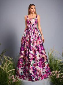 Mgiacy-Váy phù dâu cổ vuông lãng mạn mới về, in họa tiết, váy chữ A bằng vải satin - Hồng - Xem 1