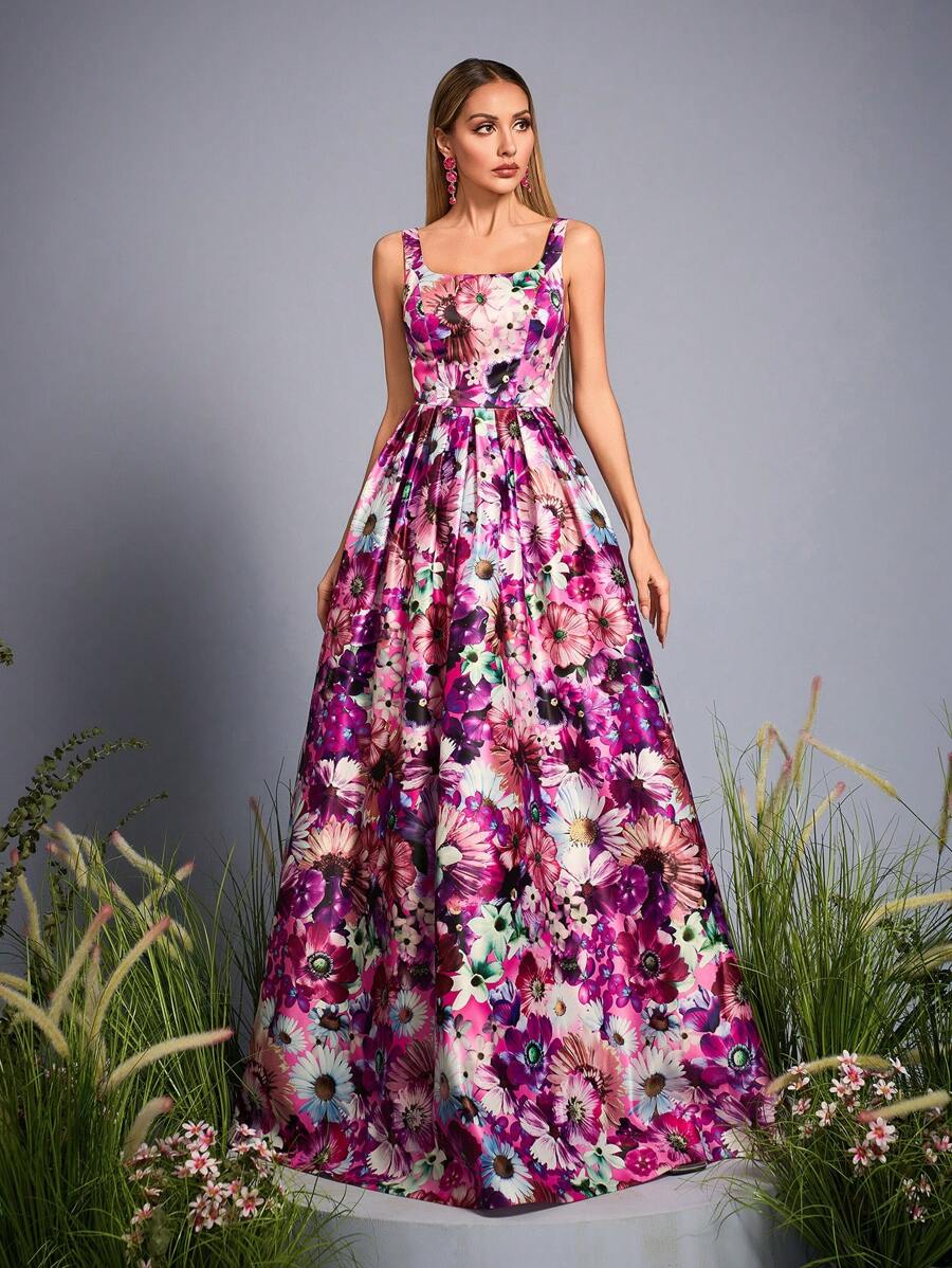 Mgiacy-Váy phù dâu cổ vuông lãng mạn mới về, in họa tiết, váy chữ A bằng vải satin - Hồng - Xem 1