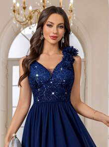 MIUSOL Deep V-Neck Sequin Floral Lace Sleeveless Ruffle Hem Chiffon Cocktail Party Swing Dress - Navy Blue - View 8