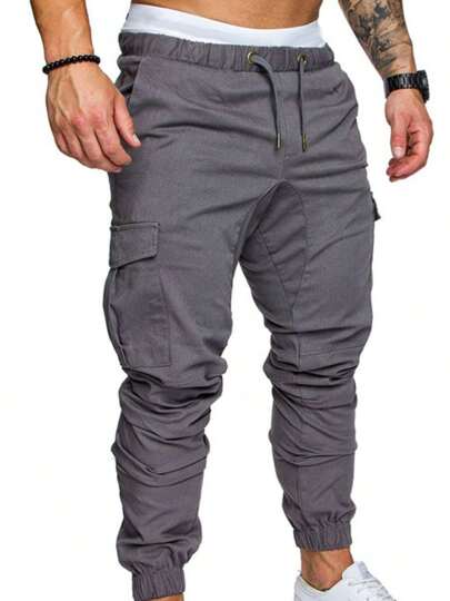 Pantalones de trabajo ajustados con cordón y multibolsillos de algodón para hombre