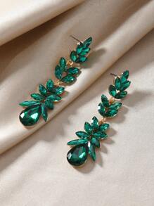 1 Pair Luxury Cubic Zirconia Leaf & Water Drop Pendant Long Earrings, Suitable For Women To Wear For Party - Green - View 3