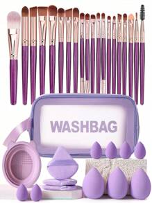 34pcs Makeup Brush Set, Including: 20pcs Makeup Brush, 3pcs Water Drop Makeup Sponge, 3pcs Triangle Powder Puff, 6pcs Mini Water Drop Makeup Sponge, 1pc Makeup Bag, 1pc Cleaning Tool, Makeup Brush Set, Mixed Makeup And Beauty Tools, Soft Bristles, Advanced Synthetic Red Powder Brush, Basic Makeup Brush