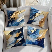 4 stuks blauw, wit en gouden abstracte schilderij illustratie patroon decoratieve kussensloop set, zachte perzikhuid pluche stof, enkelzijdige print 45*45cm, geschikt voor woonkamer, slaapkamer, bank, cadeau