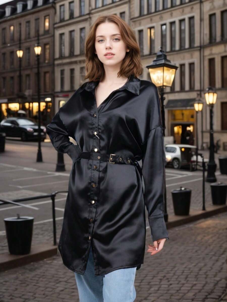 Camisa larga de poliéster para mujer, casual, cómoda y clásica, adecuada para uso diario. - Negro - Ver 1