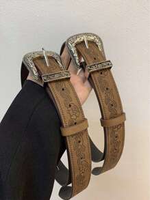 1 pieza Cinturón vintage personalizado con hebilla estampada de moda para mujer en color marrón, adecuado para vaqueros y vestidos