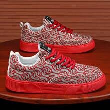 Men's Lace-Up Skate Shoes, Minimalist Versatile Casual Shoes, Breathable Slip-Resistant Athletic Sneakers For Youths And Students - Red - View 3