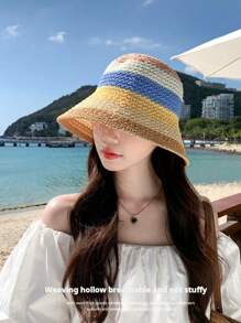 1pc Gestreepte Regenboog Bohemian Geweven Zonnehoed, Ademende UV-bescherming, Geschikt voor Buiten/Reizen/Strand, Modieus Accessoire & Geschenk, Ideaal voor Dagelijks Gebruik, Zomer