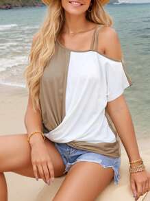SANOPY Women's T-Shirts,Going Out Tops For Women,Womens Twist Knot Color Block Short Sleeve Tops Casual Summer T-Shirt Loose Fit Cold Shoulder Tops - Khaki - View 1