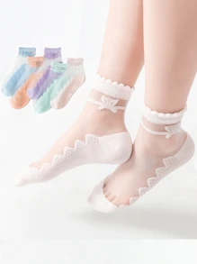 5双装儿童夏季薄袜，超薄冰丝短袜，春夏中筒袜，女童蝴蝶结袜，夏季玻璃纤维水晶丝袜，低帮防滑蕾丝公主袜，儿童节礼物 - 彩色 - 查看 9