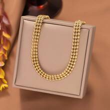 1pc Fashionable Retro Three Row Bead Necklace Collarbone Chain Women's Daily Decoration - Yellow Gold - View 3