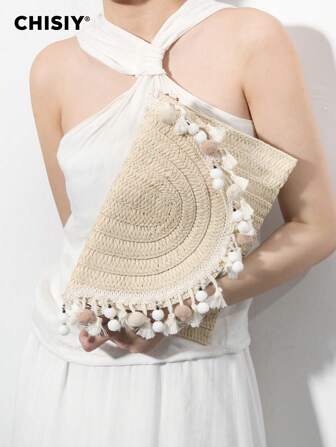 手工极简编织纹理绒球流苏配饰米色优雅手拿包，女神节贴心礼物，适合办公室、大学、海滩、音乐节、旅行、购物、聚会、春夏草编包