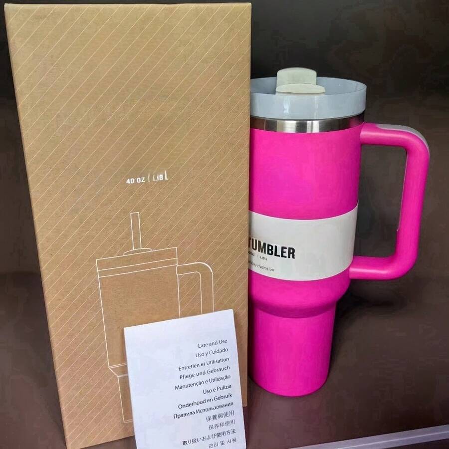 Vaso de 40 oz H2.0 con asa, botella de agua de acero inoxidable con aislamiento al vacío de doble pared, artículos de bebida de verano de primera calidad, frasco práctico portátil, taza de viaje, taza de café helado para acampar al aire libre, senderismo, conducción, viajes, - Rosa Fucsia - Ver 1