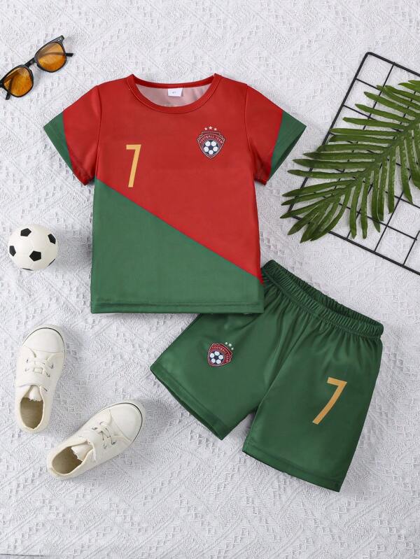 Polyester Soccer Jersey And Shorts Set For Teens - Opaque, Colorblock Design For Sports And Performance, Crew Neck, Easy Care, Great For Spring/Summer, Boys Soccer Gift, Perfect For Outdoor Activities