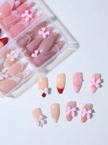 Transform Your Nails With, 96pcs Almond Nail, French Bow Pearls Design Press-On Nails LongPerfect Fit False Nail Set, Contains 1 Nail File 1 Jellyglue, For Women & Girl