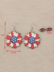 2 Pairs Vintage-Style American Independence Day Sunflower Print Blue & White Star Wood Stud Earrings