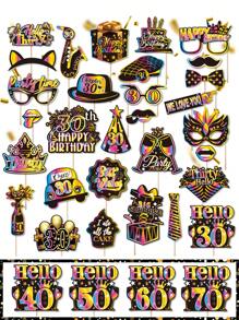 30pcs 30th Birthday Decoration Photo Props, Unisex, Black & Gold Rainbow 30th Happy Birthday Selfie Props Set, With Stick Party Supplies Gift, 30th Birthday Celebration Photo Decoration Props (40th, 50th, 60th, 70th Birthday)