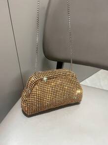 Designer Rhinestone Handmade Evening Clutch Bag, Chain Shoulder/Crossbody Cloud Bag - Gold - View 6