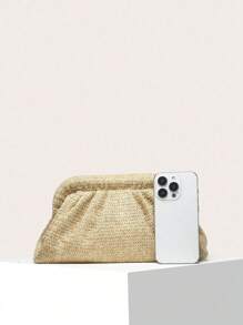 Women's Solid Color Straw Woven Wrinkled Cloud Bag, Retro , Large Capacity And Fashionable, Suitable For Going Out Shopping.