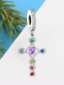 1pc 925 Sterling Silver Cross Pendant, Studded With Colorful Cubic Zirconia Stones, DIY Jewelry, Suitable For Men And Women, Easter Gift - Silver - View 2