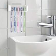 1 Pezzo Porta spazzolini da denti 5 slot con coperchio, portaspazzolini da parete adesivo, accessori da bagno in plastica, adatto per dormitori e docce, può contenere 5 spazzolini, senza elettricità richiesta, accessorio perfetto per il bagno