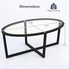Giantex Glass Coffee Table, 46.5" Oval Accent Sofa Tea Table With Tempered Glass Top, Cross Base & Acacia Wood Legs, Cocktail Table Center Table For Living Room Home Office, Black - default - View 2