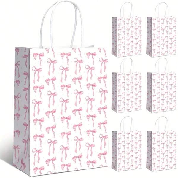 1/6/8/12 Packs Pink Bow Gift Bag With Handle, Paper Material, Universal Bow Pattern, Suitable For Valentine's Day, Wedding, Birthday, Party, Small Business Event, Storage Gift Bag, Party Gift Decoration Supplies