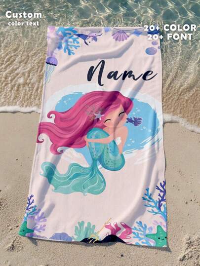 1pc Customized Beach Towel, Quick Dry Swimming Towel, Comfortable Sand Towel, Stylish Pool Towel,Custom Name,Mermaid,Ocean,Sea,Cute,Fancy,Vintage, Beautiful Yoga Mat, Beach Accessory, Essential Holiday Gift For Mother's Day, For Birthdays, For C Day, For Father's Day, For Graduation, For Weddings, For Housewarming Bathroom, Living Room, Bedroom, Home