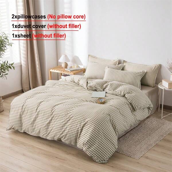 4pcs Checked Bedding Set Including 1 Duvet Cover, 2 Pillowcases, 1 Bed Sheet, Soft & Breathable All-Season