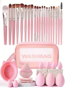 34pcs Makeup Brush Set, Including: 20pcs Makeup Brush, 3pcs Water Drop Makeup Sponge, 3pcs Triangle Powder Puff, 6pcs Mini Water Drop Makeup Sponge, 1pc Makeup Bag, 1pc Cleaning Tool, Makeup Brush Set, Mixed Makeup And Beauty Tools, Soft Bristles, Advanced Synthetic Red Powder Brush, Basic Makeup Brush